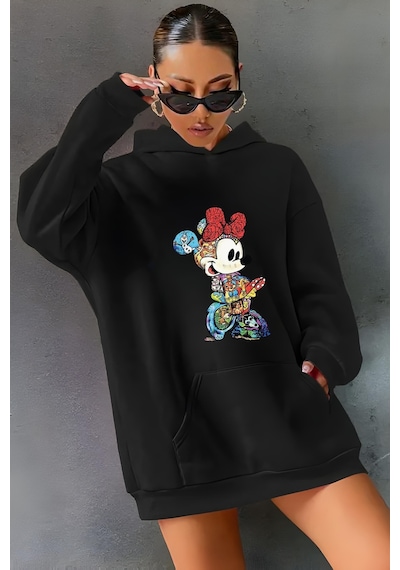 Startmore Şirin Baskılı Kapişonlu Sweat Siyah