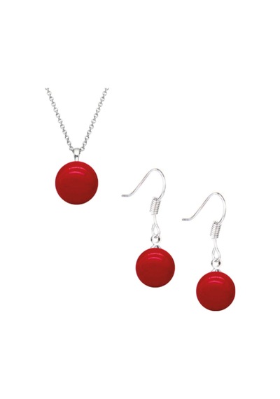 Kırmızı Mercan Taşlı Kadın Gümüş Set Küpe-kolye Yuvarlak Sallantılı Kanca Model 8 Mm