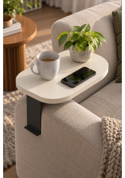 Sulorahome Ayarlanabilir C Sehpa Krem Bej Oval Koltuk Yan Sehpa Açık Bej