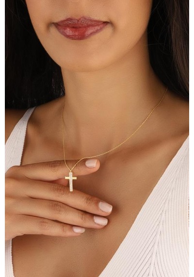 Beyaz Zirkon Taşlı Gümüş Haç Kolye Rose Gold