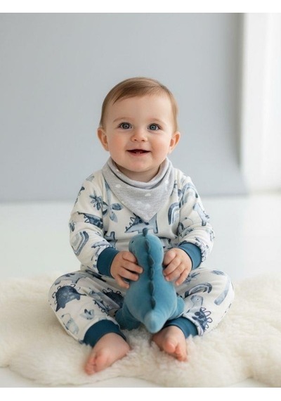 Zekids Erkek Bebek Pamuklu Dinazor Desenli Pijama Takımı-16268 Mavi