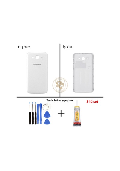 Samsung Galaxy Grand 2 G7106 Beyaz Renk Arka Kapak + Tamir Seti + B7000 Yapıştırıcı Arka Cam Batarya Kapağı Pil Kapağı Lazer Kesim Back Cover Galaxy Grand 2 Uyumlu