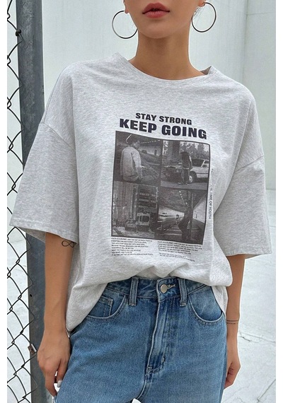 Unisex Keepgoing Baskılı Tasarım Tshirt Gri