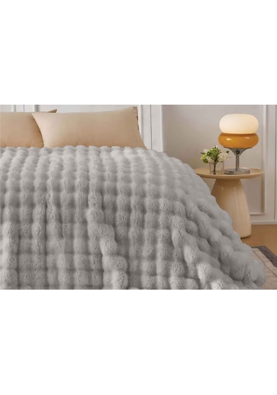 Merinos Angora Kürk Bubble Tavşan Tüyü Battaniye 220x240 Kutulu Gri