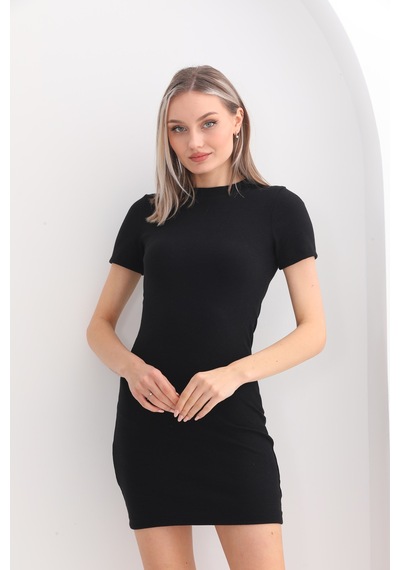 Kallima Siyah Kısa Kollu Mini Fitilli Esnek Kalem Elbise
