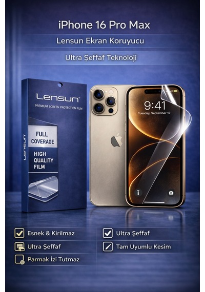 Lensun Apple iPhone Uyumlu  16 Pro Max Ultra Şeffaf Esnek Ekran Koruyucu Film