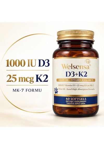 D3k2 Vitamin D3 1000 Iu Ve Vitamin K2 25 Mcg Mk-7 60 Softjel Kapsül
