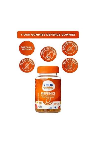 Defence C Vitamini, D3 Vitamini Ve Çinko İçeren Takviye Edici Gıda Bağışıklık Desteği Portakal Aromalı 60 Gummy