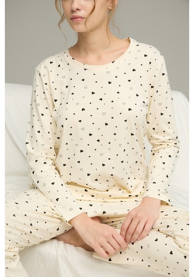 Siyah İnci Pamuklu Bisiklet Yaka Örme Pijama Takım25241142 Ekru