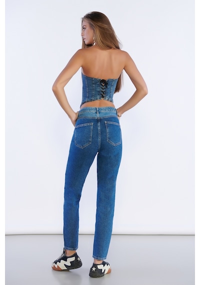 Lacivert Yüksek Bel Yama Detaylı Mom Jeans-lacivert Lacivert