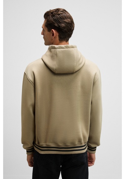 Grimelange Phantoseas Erkek Kapüşonlu Önü Nakışlı Etek Ve Kol Triko Detaylı Vizon Sweatshirt Vizon