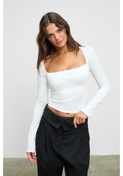 Grımelange Sılıvra Kadın Havuz Yakalı Esnek Kumaşlı Slim Fit Beyaz Bluz Beyaz