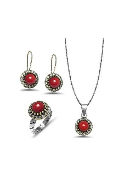Mercan Taşlı El Işi Otantik Gümüş Üçlü Set (515509612)
