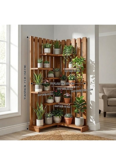 Wooddesign Çok Katlı Ahşap Köşe Çiçeklik Saksılık Ve Dekoratif Raf Modülü 160x150 Cm Bordo