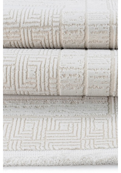 Badelya Home Krem 7107 Modern Desen Doğal Taban Saçaklı Salon Koridor Mutfak Çocuk Oturma Odası Halı Yolluk 7107-krem
