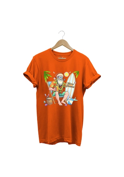 Merry Christmas Yaz Temalı Plajda Noel Baba Baskılı %100 Pamuk Unisex Regular Fit T-shirt Turuncu