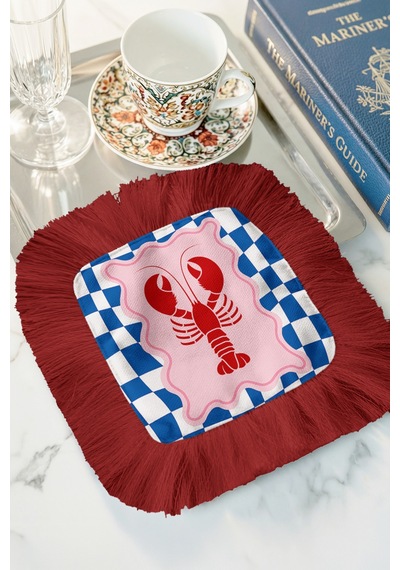 Lobster Temalı Saçaklı Bohem Sunum Peçetesi - Denizcilik Stil Kırmızı Mavi Bardak Altlığı Mendil Çok Renkli