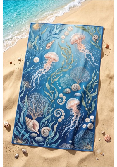 75x150 Cm Plaj Havlusu Deniz Koleksiyonu Premium Özel Tasarım Hızlı Kuruyan Mikrofiber Havlu Krem