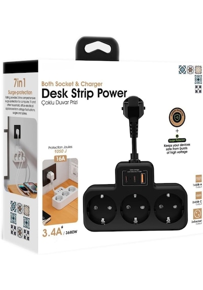 Duvar Tipi Grup Priz Çoğaltıcı, Yüksek Voltaj Korumalı Priz, 3x Priz 2x, Type-c, 1x Usb, 16a, 3680w 0.13 M