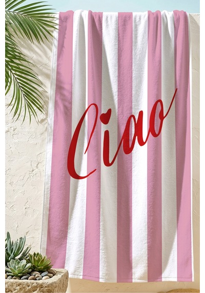 Pembe Çizgili Ciao Yazılı Plaj Havlusu - Modern Marine Stil Havuz Deniz Banyo Sahil Örtüsü Çok Renkli