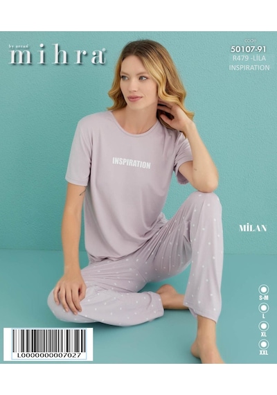 Mihra Kadın Bisiklet Yaka Milan Likralı Kısa Kol Pijama Takımı 50107/91- 1 Adet Lila