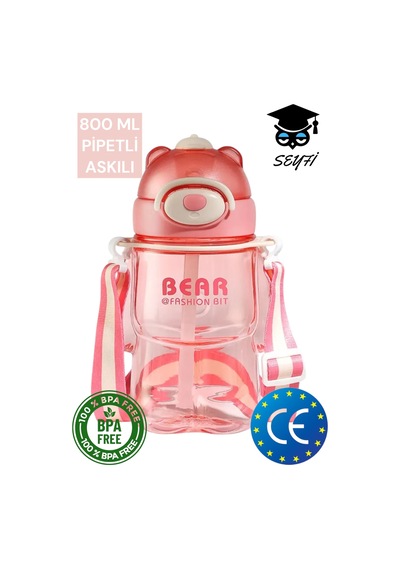 800 Ml Policarbon Ayıcık Desenli Matara Suluk Pipetli Bpa İçermez Vagonlife 2027 Çok Renkli