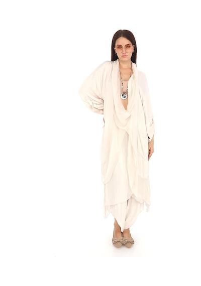 Italyan Ipek Detaylı Oversize Kap Bluz- Asimetrik Pantolon Takım Krem