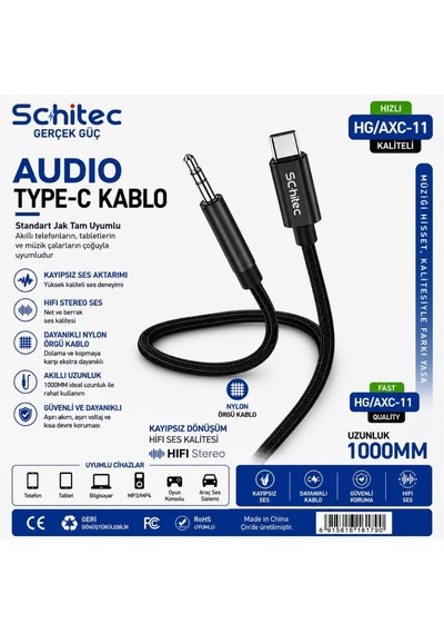 Schitec Type-c To 3.5mm Aux Ses Kablosu 1m Siyah Hg/axc-11