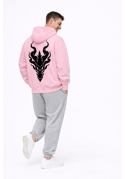 Unisex Ejderha Baskılı Beyaz Sevgili Kombini Oversize Hoodie Seti Pembe