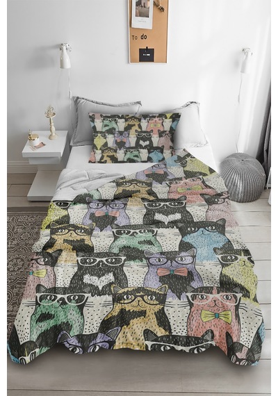 Sevimli Kedi Desenli Tek Kişilik Pike ( Yastık Kılıflı )