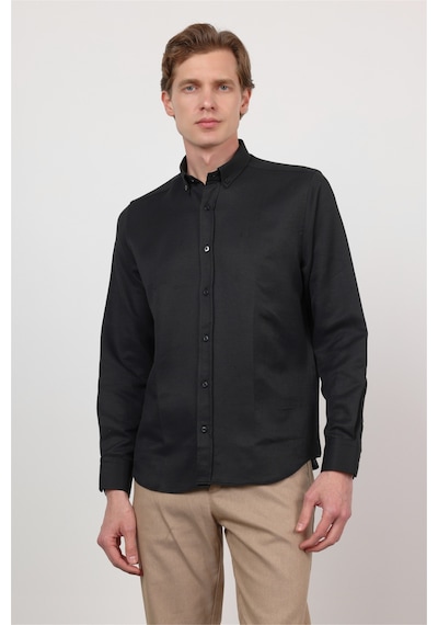 İmza Siyah Düğmeli Yaka Uzun Kol Cepsiz Slim Fit Pamuklu Gömlek 1004260203