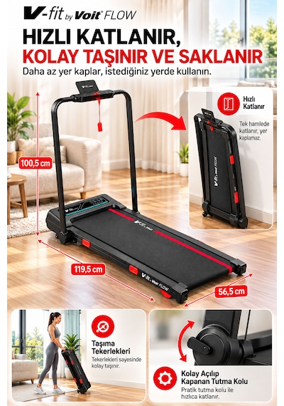 Voit Flow Katlanabilir Koşu Bandı 15 Kademe Otomatik Eğim Bluetooth 2 Hp Brushless Motor