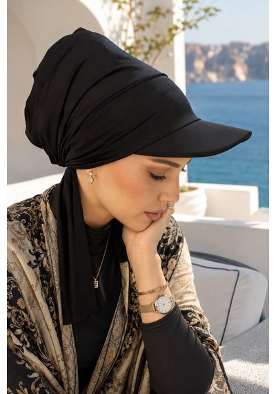 Aişe Tesettür Siyah Kepli Deniz / Havuz Kullanımına Uygun Bağcıklı Eşarp Bone
