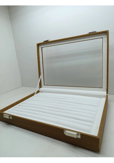 Cam Kapaklı Deri Kumaş Kahve-beyaz Renk 34 Cm / 24 Cm Sosisli Yüzük Sergileme Standı