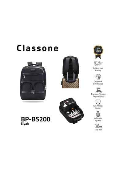 Classone Bp-bs200 Business Vıp B2 -serisi 15.6 İnch Uyumlu Wtx Pro Su Geçirmez Kumaş Laptop Sırt Çantası -siyah