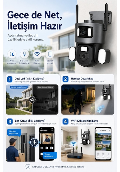 2 Kameralı 3+3mp Wıfı Güvenlik Kamerası - 360 Otomatik - Gece Görüş - Hareket - Algılama - Takip 76521098