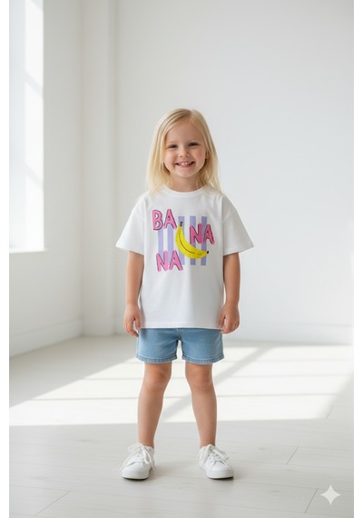 Monila Kız Çocuk Pamuklu Bisiklet Yaka Baskılı T-shirt Ekru