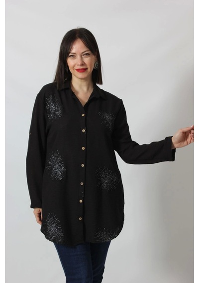 Moda Berray Sb-092 Siyah Gümüş Yaldızlı Güneş Desenli Kolu Apoletli Yandan Cepli Tunik Gömlek Kadın Büyük Beden Siyah Moda Berray Sb-092 Siyah Gümüş Yaldızlı Güneş Desenli Kolu Apoletli Yandan Cepli Tunik Gömlek Kadın Büyük Beden Siyah