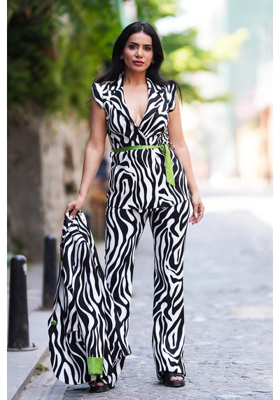 Canım Kendim Store Siyah Zebra Yeşil Kol Detay Ceket, Yelek, Pantolon Takım Beyaz - Siyah