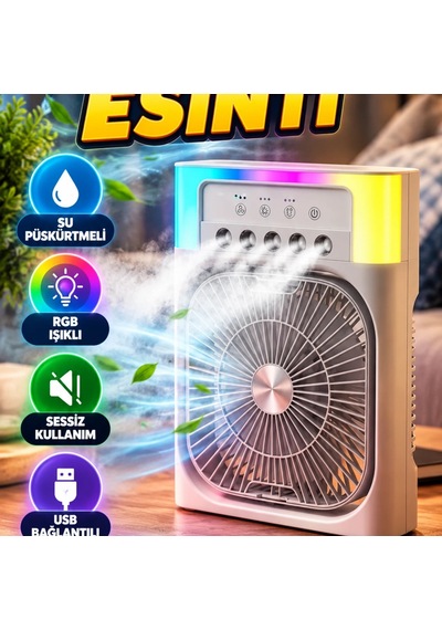 Su Püskürtmeli Rgb Işıklı Mini Masaüstü Fan Usb Bağlantılı Sessiz Serinletici