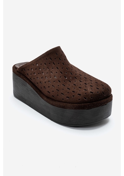 Luvishoes Lune Kahverengi Süet Hakiki Deri Delikli Kadın Dolgu Topuklu Terlik