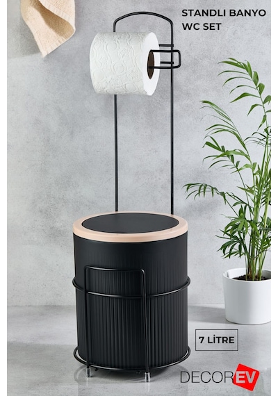 Decorev Lüks Banyo Mutfak Çöp Kovası Metal Standlı Tuvalet Wc Kağıtlık Seti Siyah
