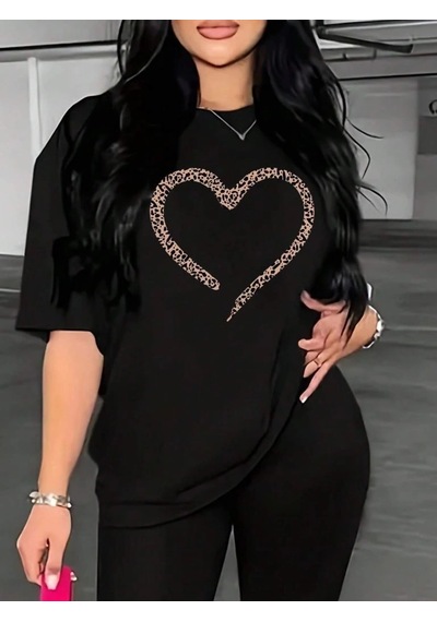 Novalisse Kadın Kalp Baskılı T-shirt Kısa Kol Bisiklet Yaka Oversize Tişört - Siyah Çoklu Renk