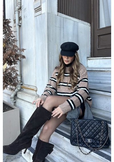 Laluvia Kahverengi Renkli Çizgili Oversize Triko Kazak - 2516 Kahverengi