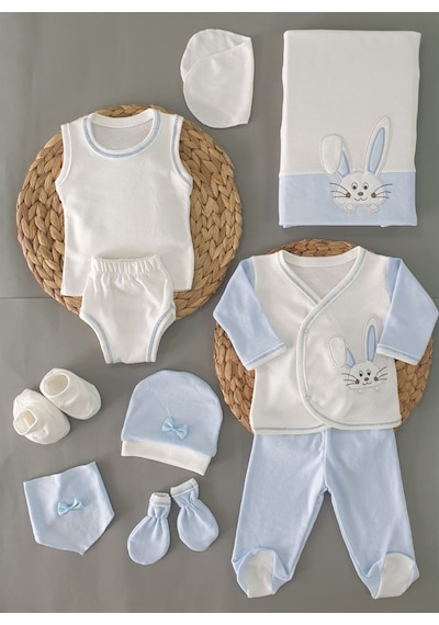 Ponpon Baby Yenidoğan 0-3 Ay Tavşan Işlemeli Desenli 10... Açık Mavi