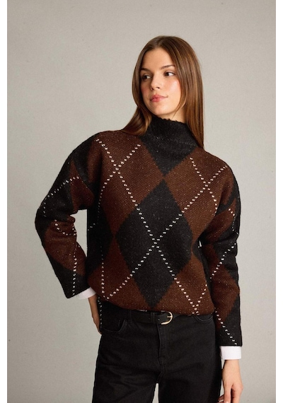 Defacto Overshirt Fit Yarım Balıkçı Yaka Baklava Desenli Triko Kazak G7522ax25wnbn214 Kahve-bn214