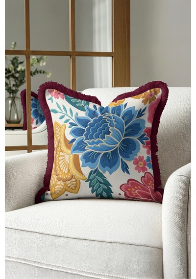 Çiçek Desenli Bohem Şık Saçaklı Yastık Kılıfı - Etnik Floral Modern Püsküllü Kırlent Kılıfı Siyah