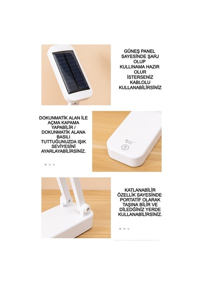 Katlanabilir Güneş Enerjili & Şarjlı Masa Lambası Çalışma Okuma Kamp Gece Lambası 3 Renk Işık Beyaz