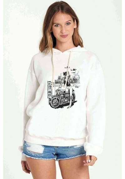 Racer Motor Motorsiklet Baskılı Beyaz Kadın Kapşonlu Sweatshirt