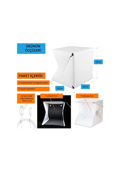 Upway Led Işıklı Katlanır Beyaz Siyah Fonlu Mini Stüdyo Fotoğraf Çekim Çadırı Beyaz